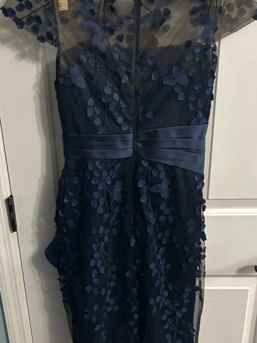 Carmen Marc Valvo Navy Midi Dress with Sheer Yoke and Petal Details - Picture 8 of 9
